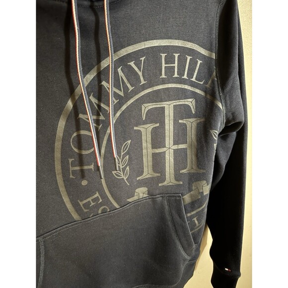 Tommy Hilfiger Hoodie Med Mens Crest Navy Blue Gray Logo Fleece Sweatshirt - Picture 3 of 8